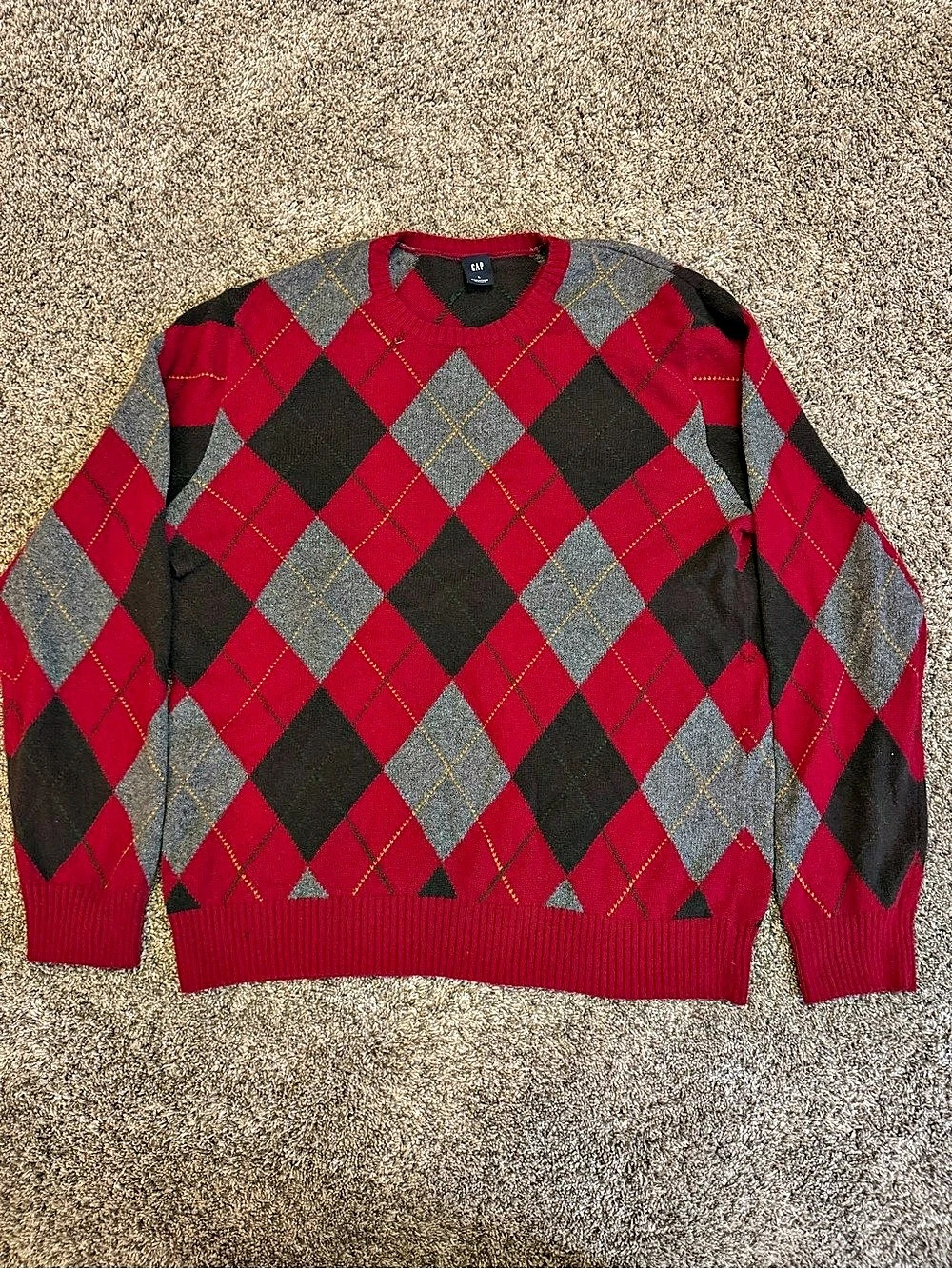 Vintage GAP Argyle Sweater Mens L - Red Gray Brown Diamond Crewneck Sweater